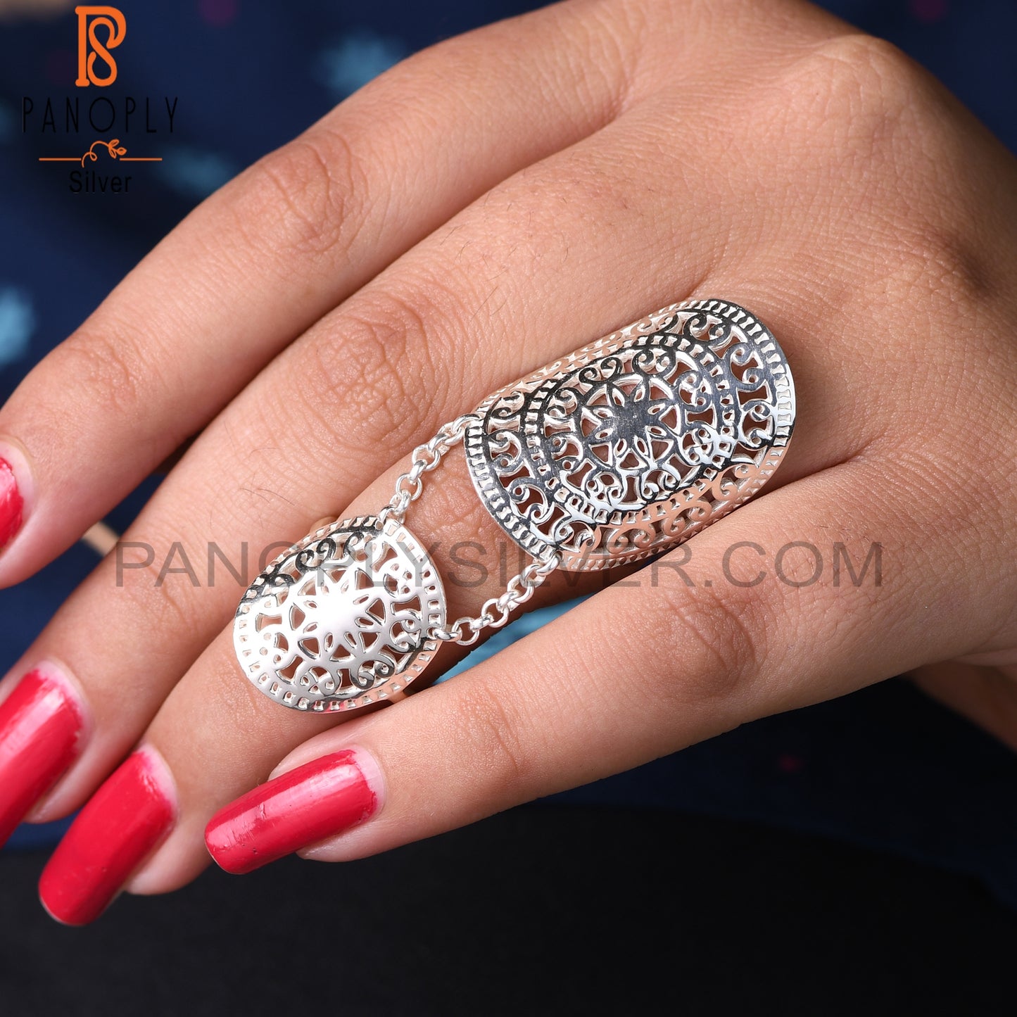925 Sterling Silver Filigree Mandala Knuckle Double Ring