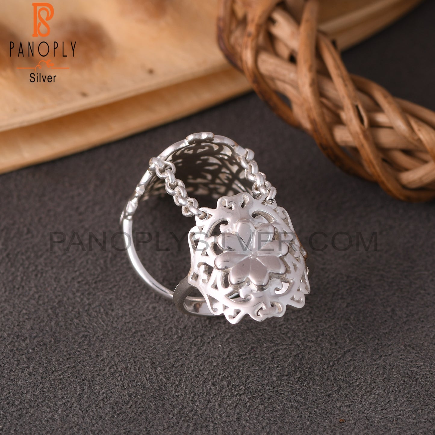 Chain Link Flower 925 Sterling Silver Mandala Knuckle Ring