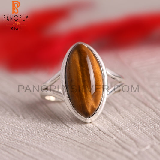 Tiger Eye Marquise 925 Sterling Silver Yellow Ring