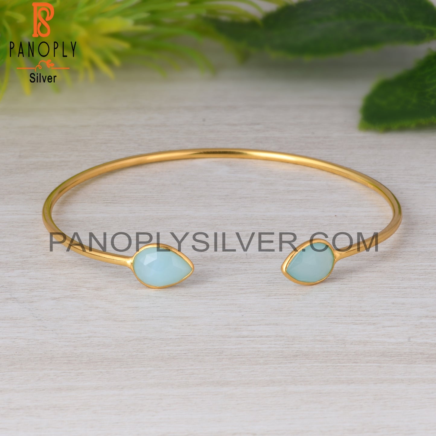 Aqua Chalcedony Pear 925 Sterling Silver Bangle