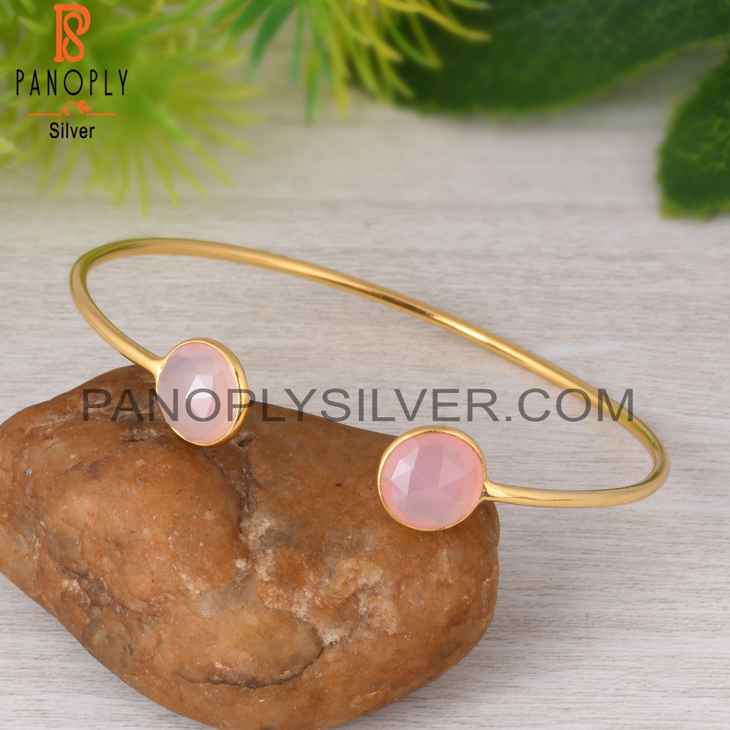 Rose Chalcedony Round 925 Sterling Silver Bangle
