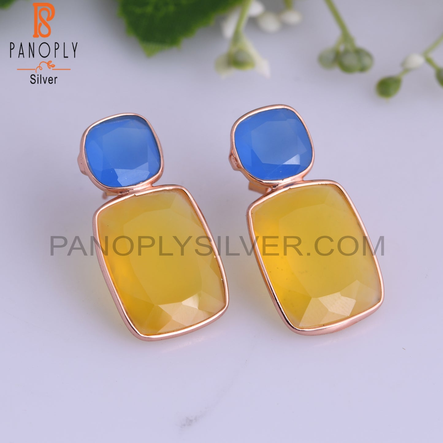 Blue Chalcedony & Yellow Chalcedony 925 Silver Earrings