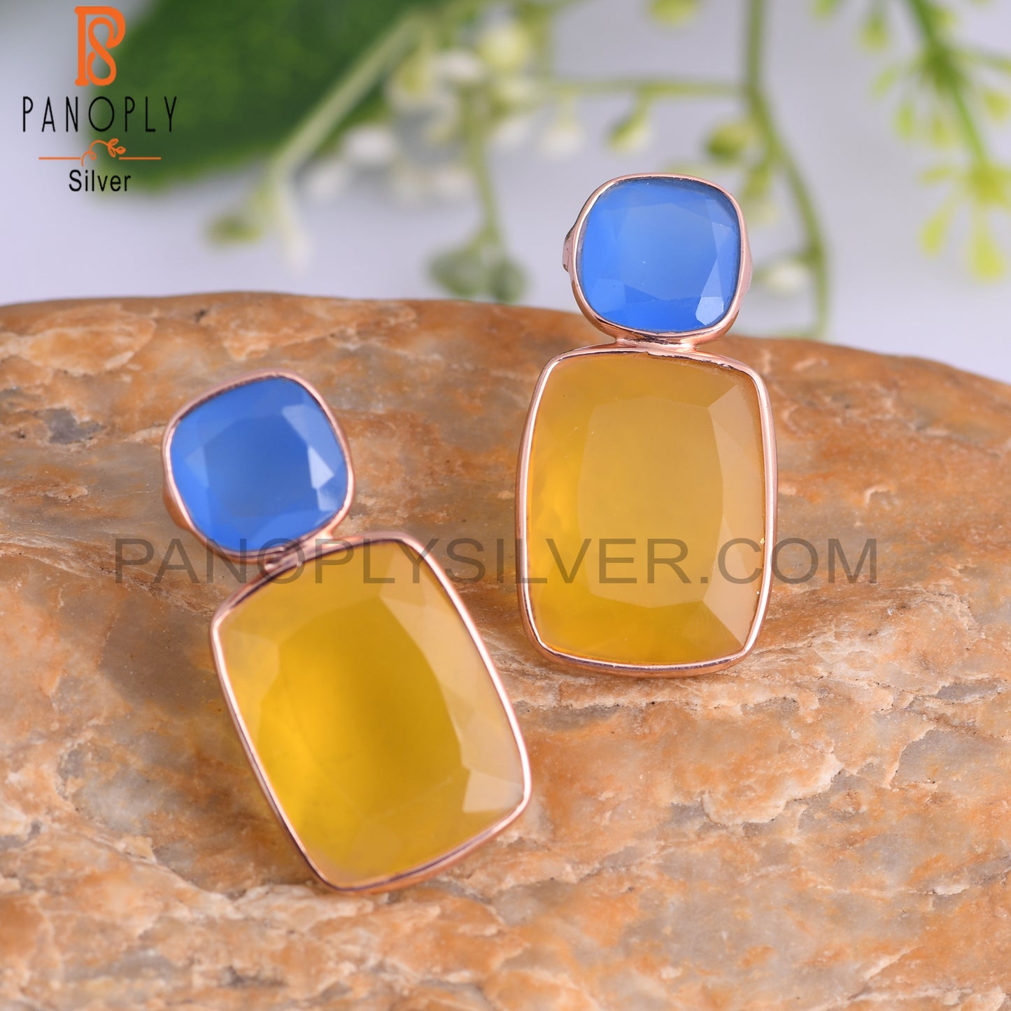Blue Chalcedony & Yellow Chalcedony 925 Silver Earrings