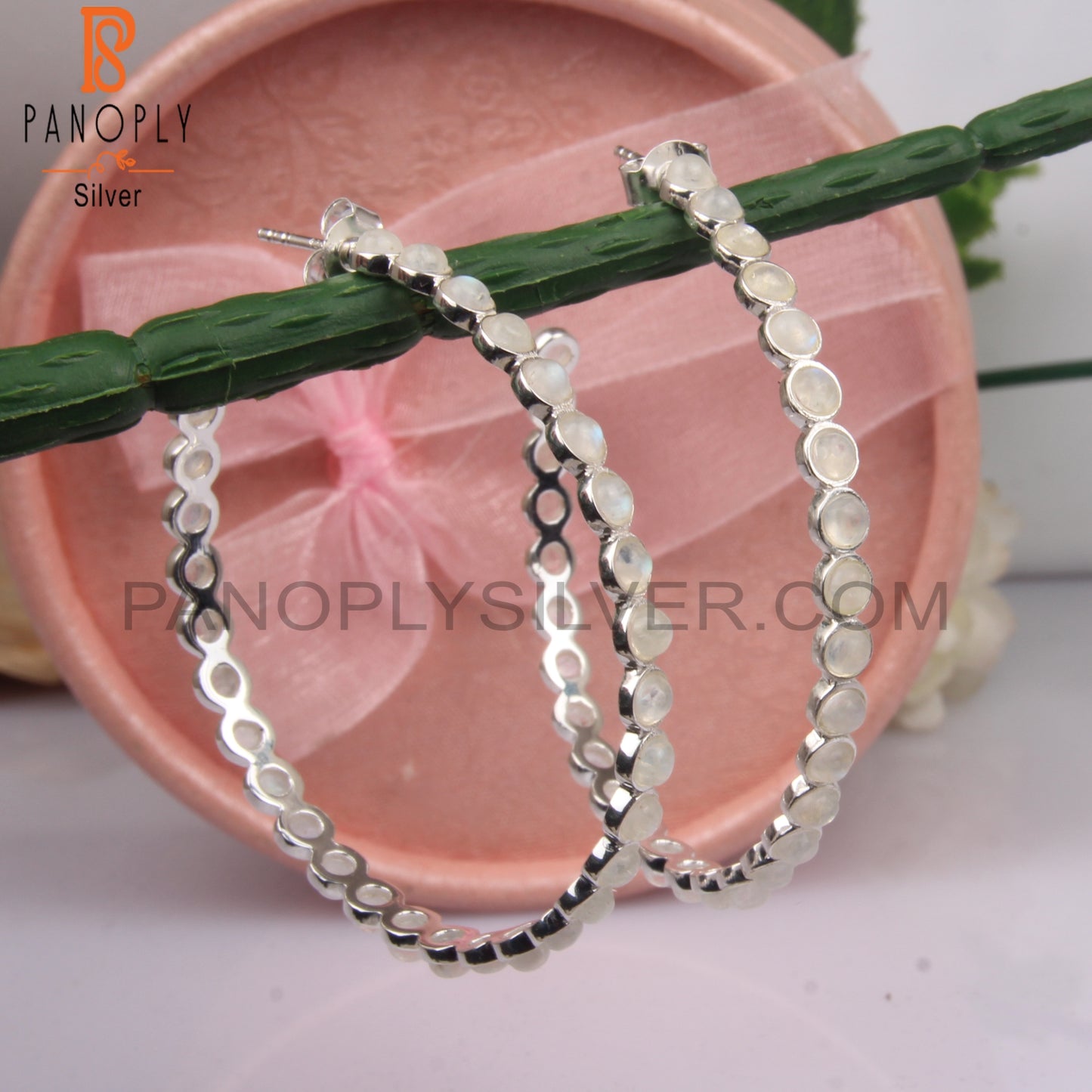 Rainbow Moonstone 925 Sterling Silver Hoop Earrings