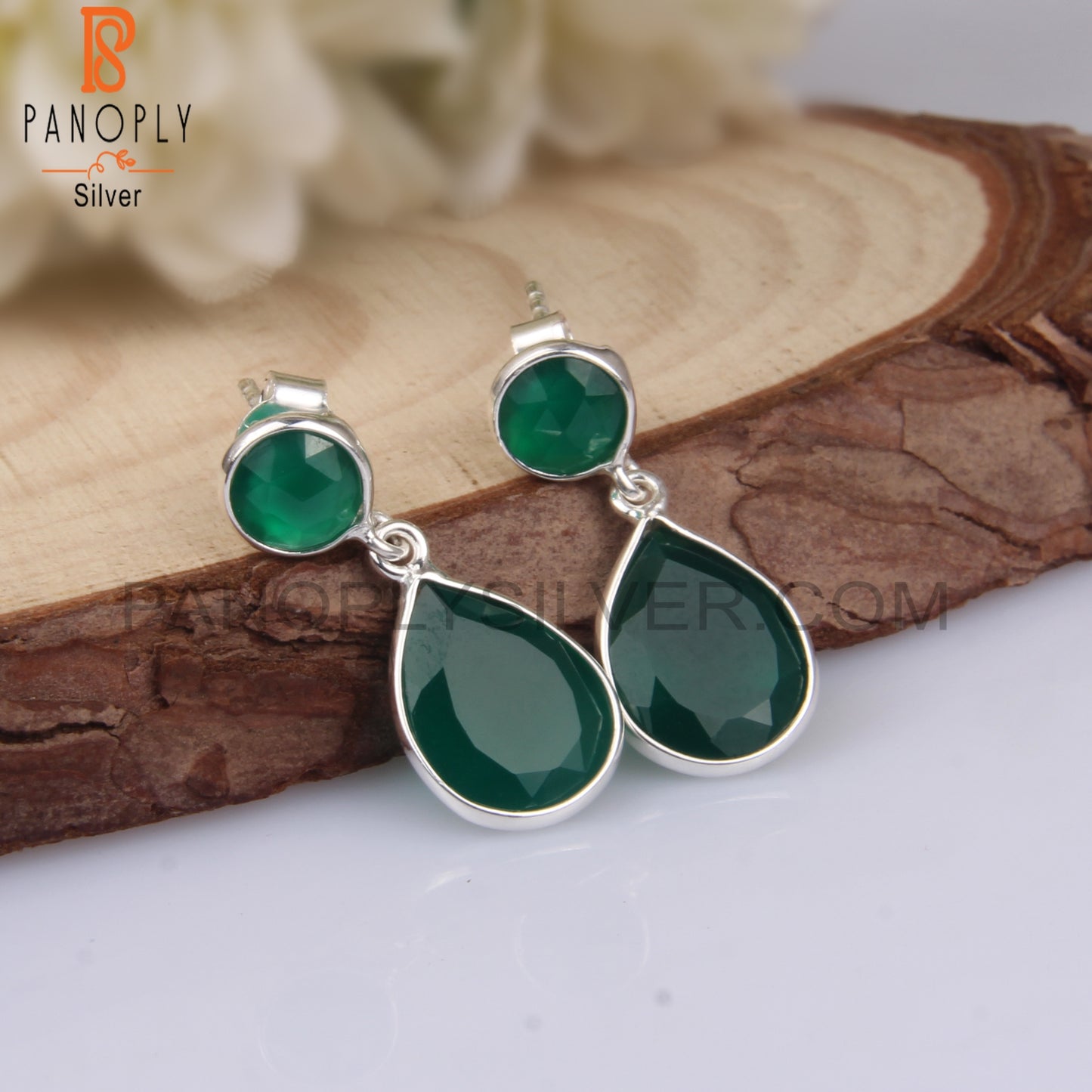 Hand Hammered Green Onyx 925 Sterling Silver Pretty Earrings