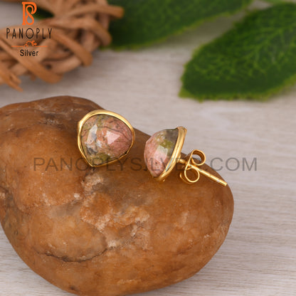 Unakite Heart 925 Sterling Silver Earrings