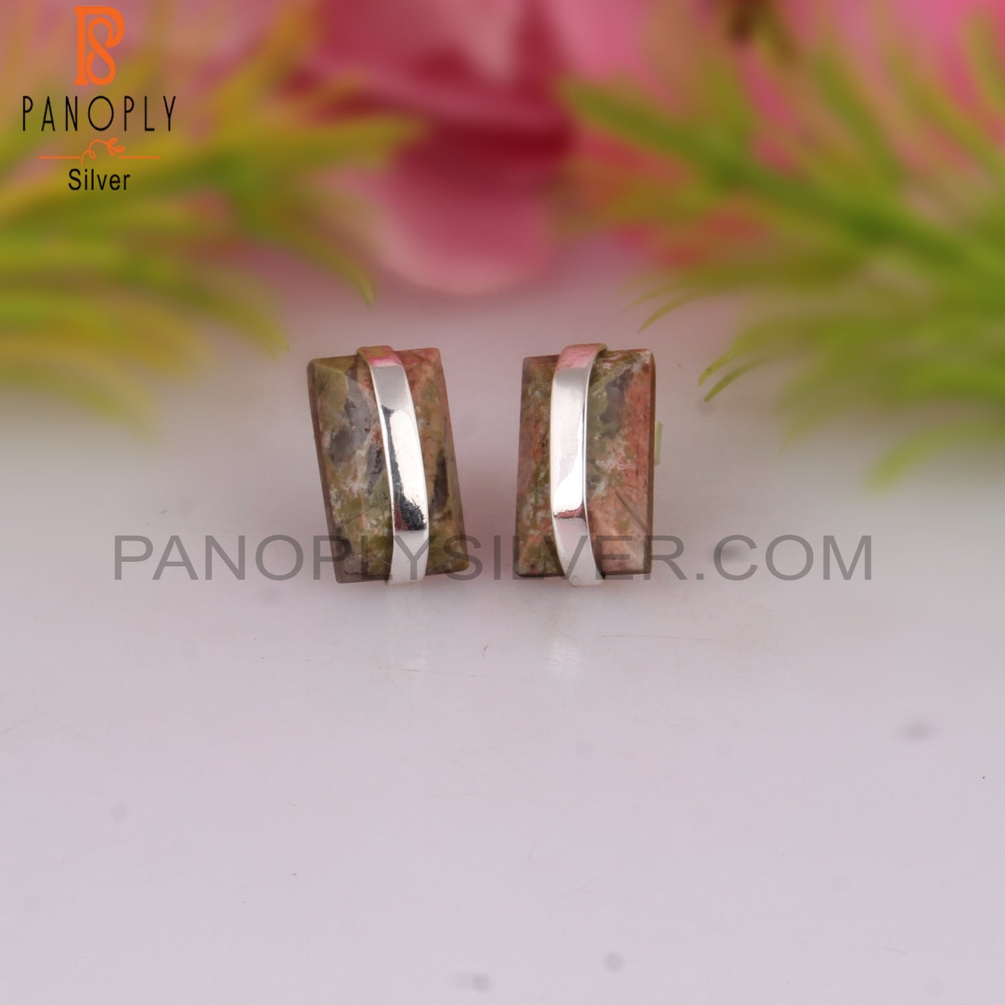 Unakite Beguette 925 Sterling Silver Studs Earrings