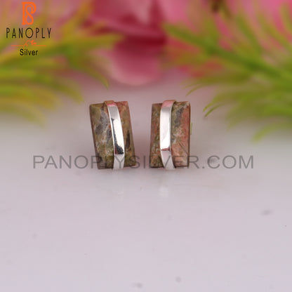 Unakite Beguette 925 Sterling Silver Studs Earrings