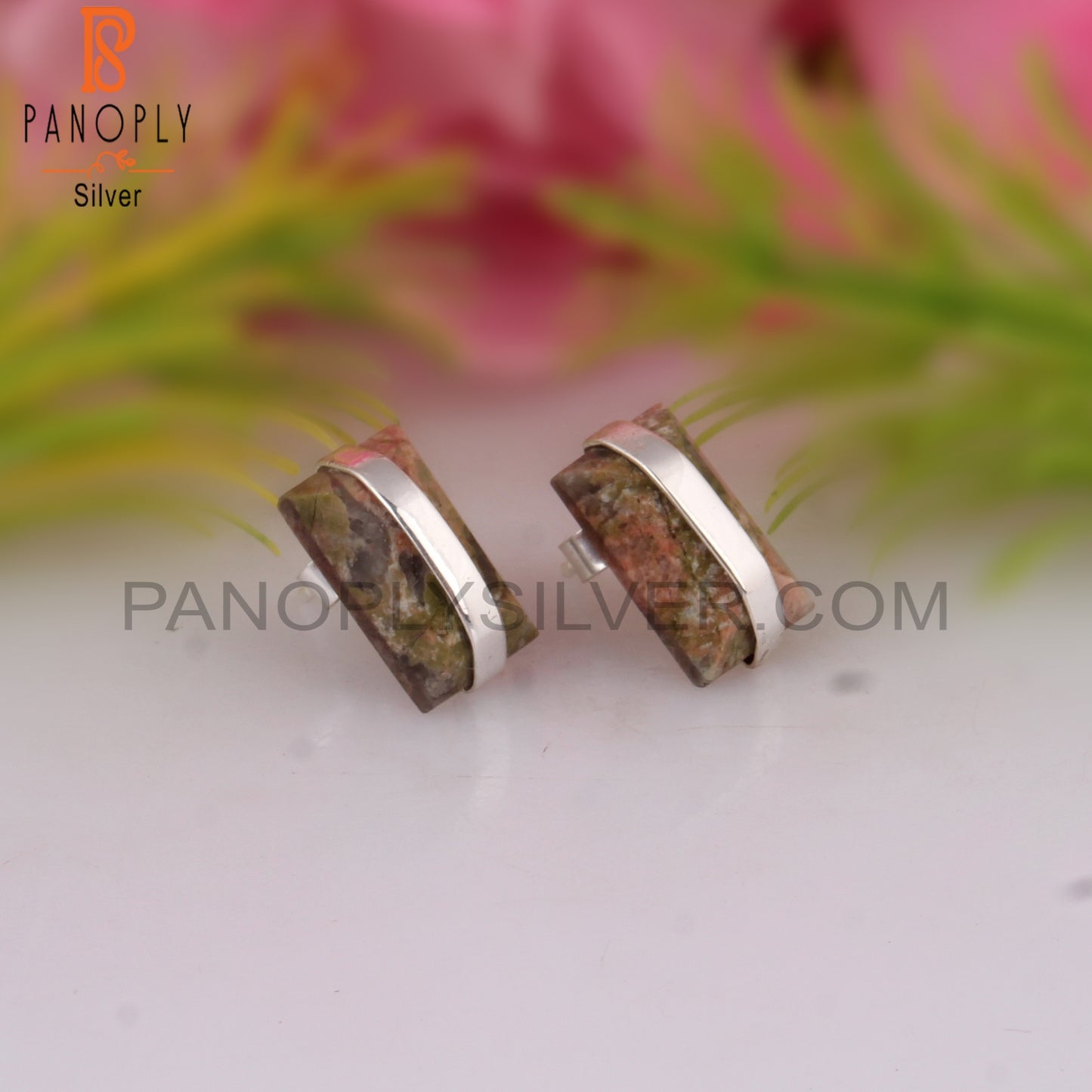 Unakite Beguette 925 Sterling Silver Studs Earrings