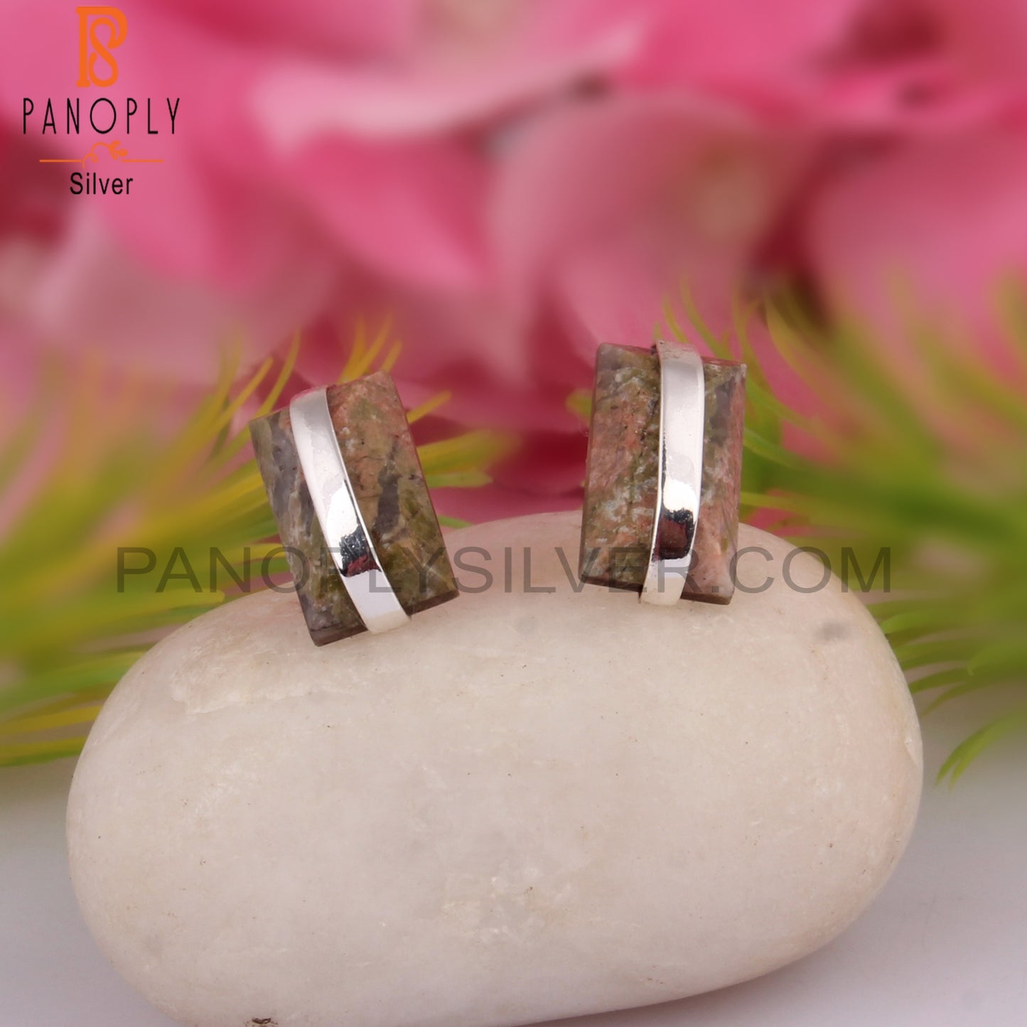 Unakite Beguette 925 Sterling Silver Studs Earrings