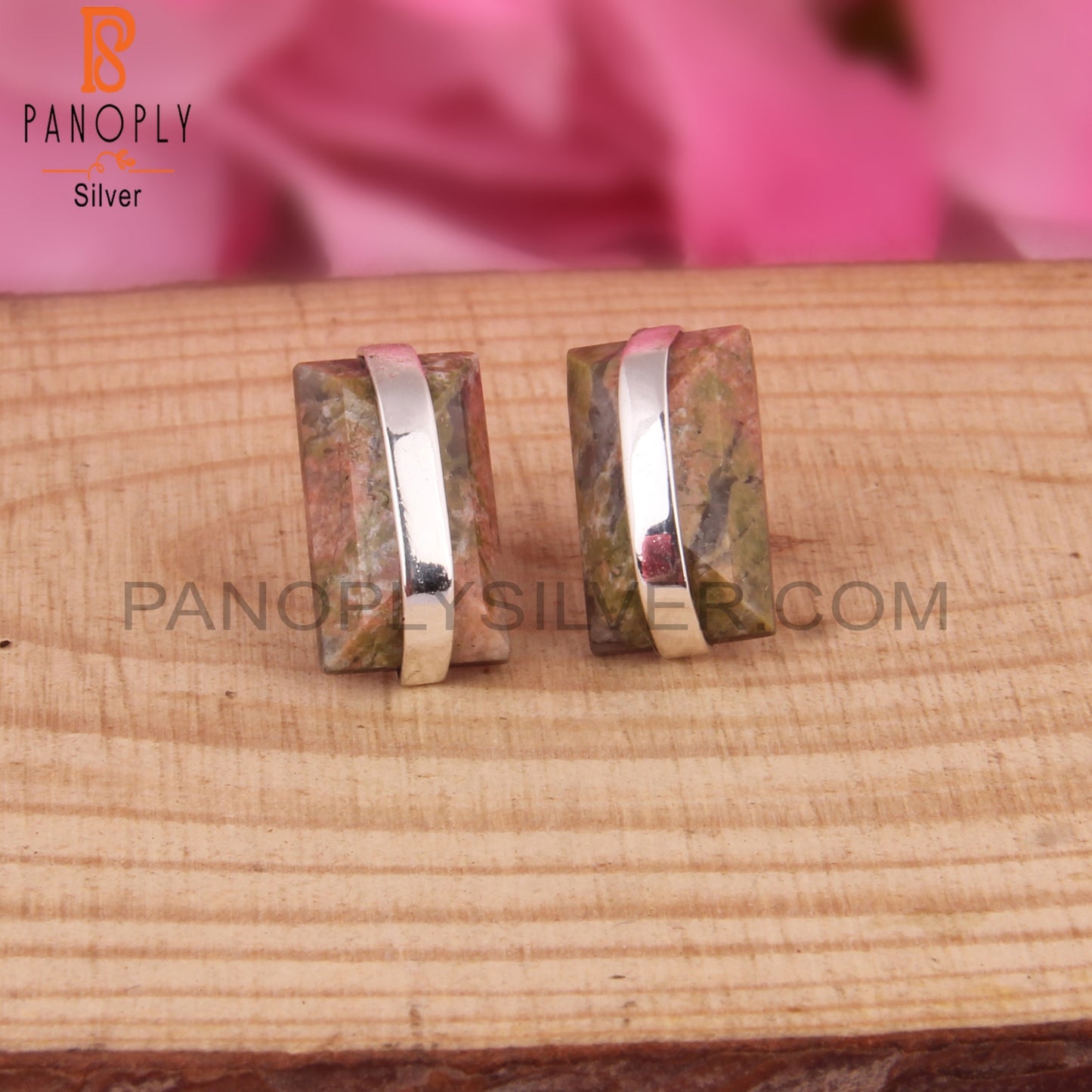 Unakite Beguette 925 Sterling Silver Studs Earrings