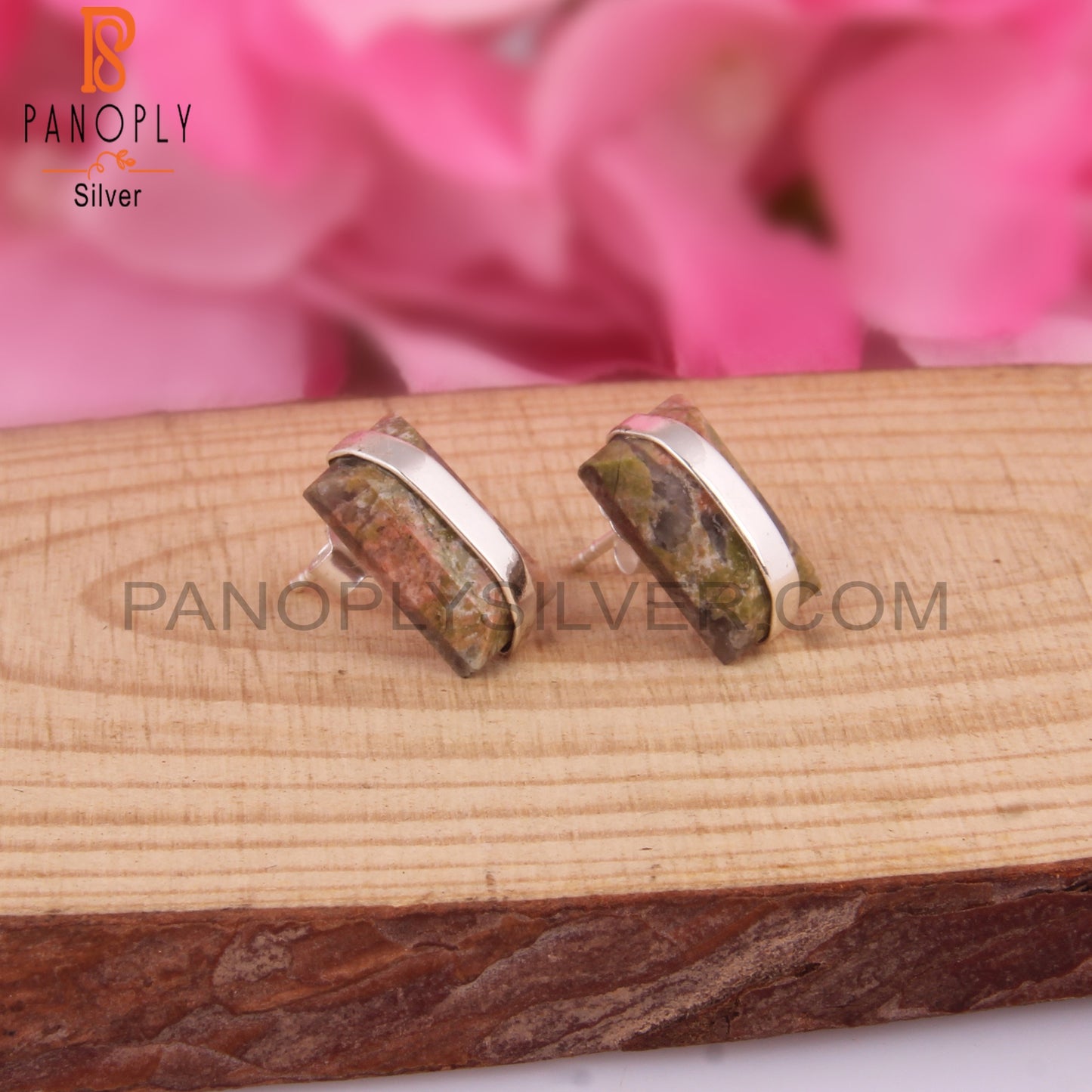Unakite Beguette 925 Sterling Silver Studs Earrings