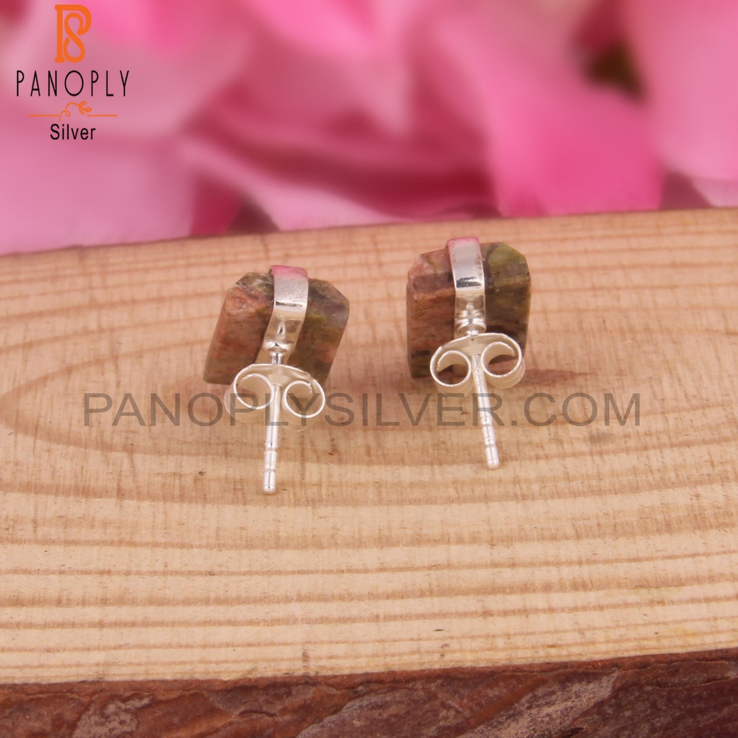 Unakite Beguette 925 Sterling Silver Studs Earrings