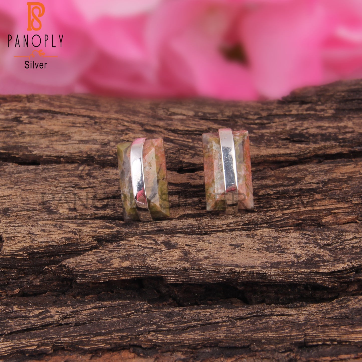 Unakite Beguette 925 Sterling Silver Studs Earrings