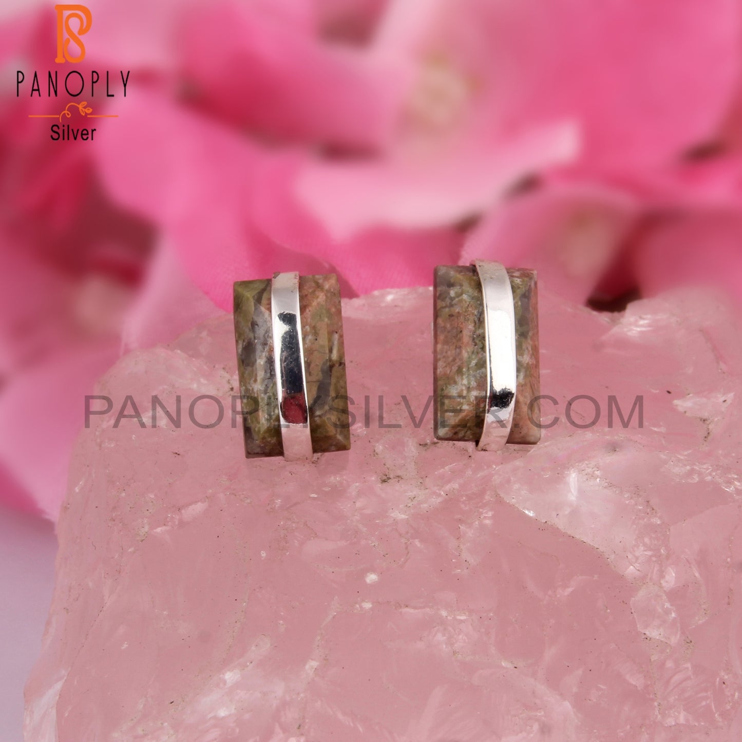 Unakite Beguette 925 Sterling Silver Studs Earrings