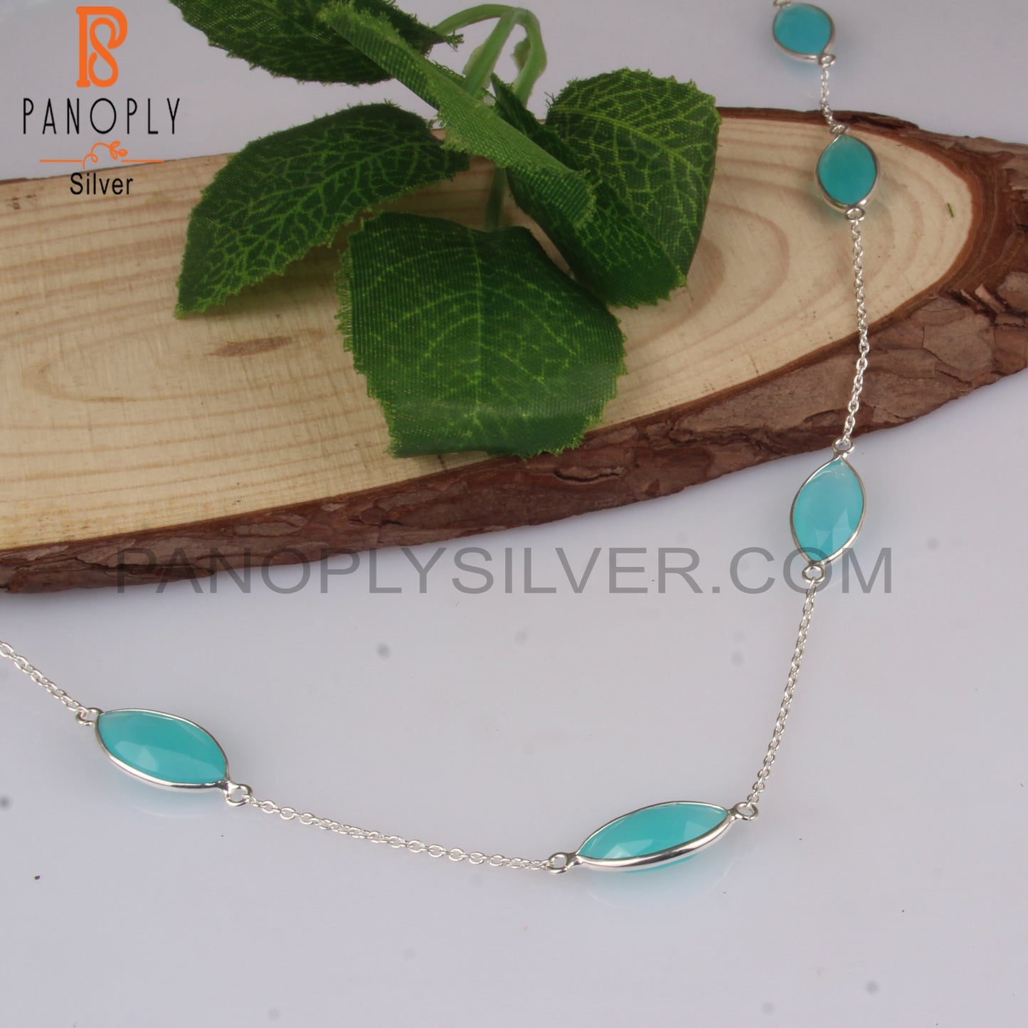Aqua Chalcedony Marquise Shape 925 Sterling Silver Necklace