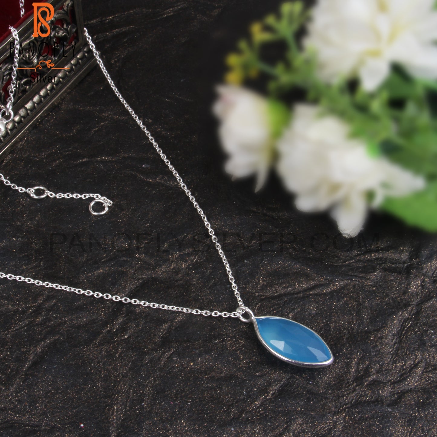 Blue Chalcedony Marquise Shape 925 Silver Pendant With Chain