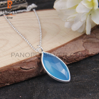 Blue Chalcedony Marquise Shape 925 Silver Pendant With Chain