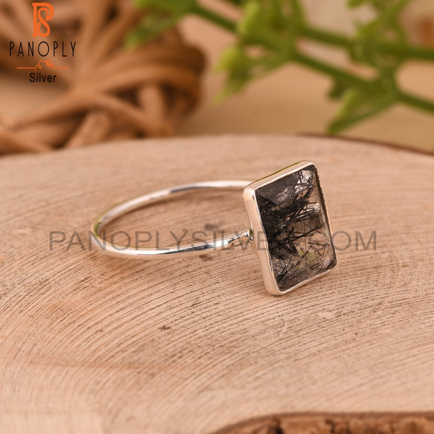 Black Rutile Baguette 925 Sterling Silver Stackable Ring