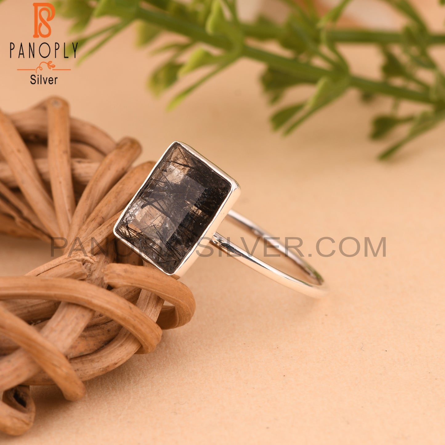 Black Rutile Baguette 925 Sterling Silver Stackable Ring