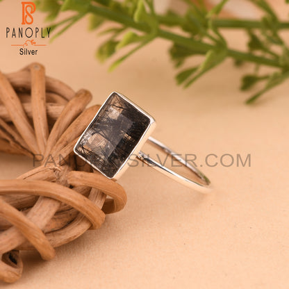 Black Rutile Baguette 925 Sterling Silver Stackable Ring