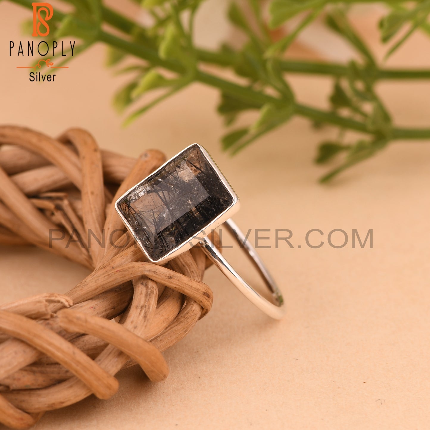 Black Rutile Baguette 925 Sterling Silver Stackable Ring